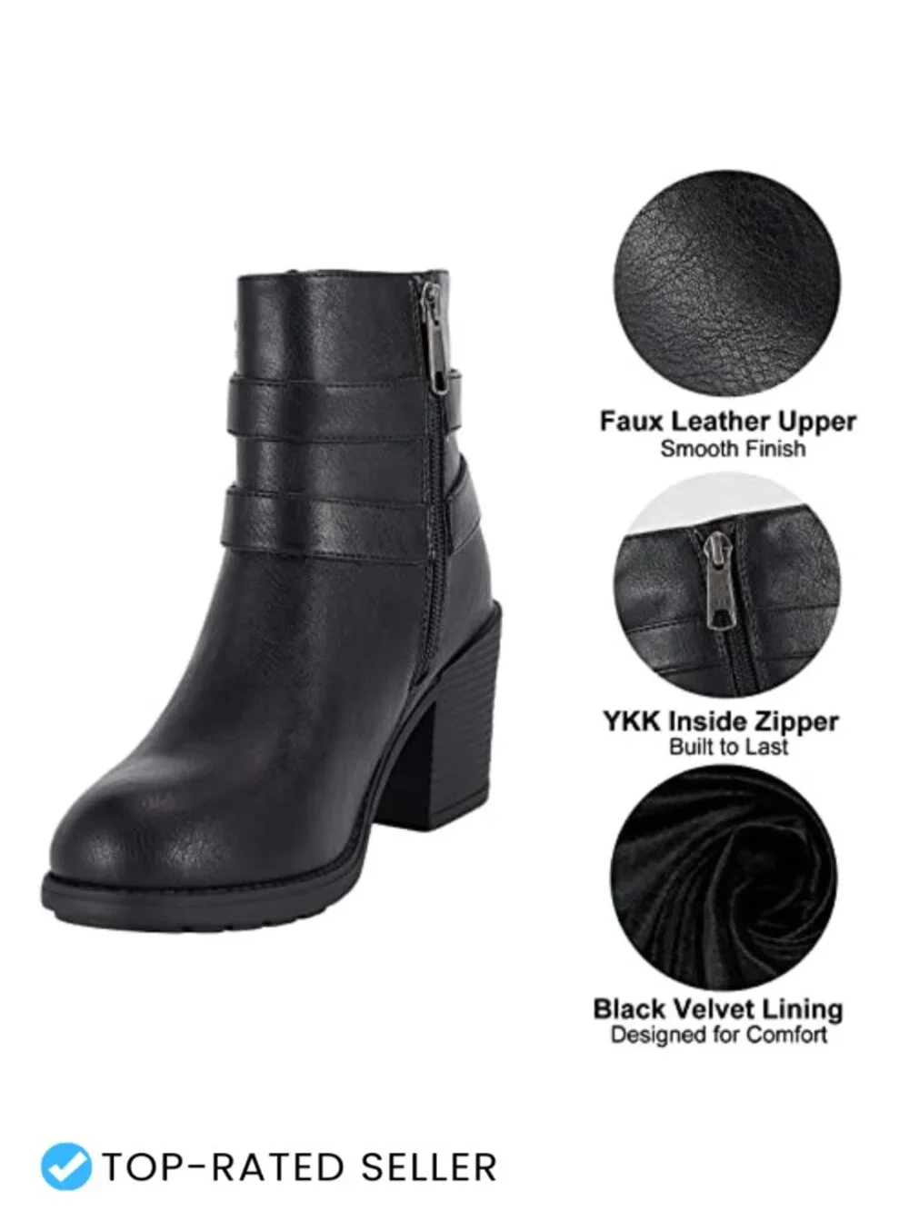 Women's Faux Leather Ankle Boots with Chunky Heel & Side Zipper